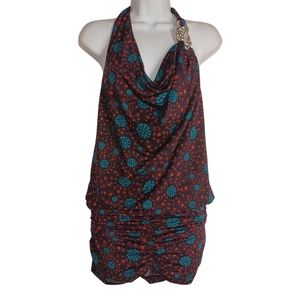 TE AMO Burgundy Purple Blue Floral Print Halter Stretchy Cocktail Dress XL NWT